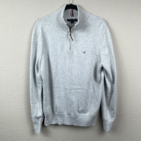 Tommy Hilfiger Light Gray Half Zip Sweatshirt Comfy High Mock Neck Sz L - Picture 3 of 15